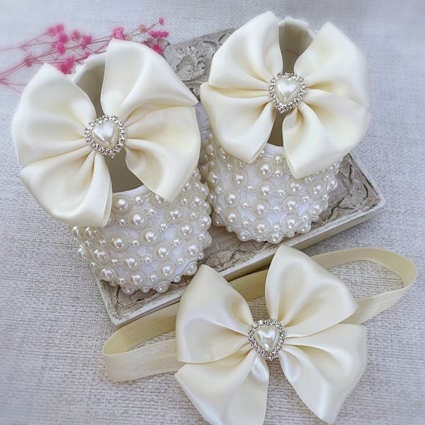 Ivory Baptism Shoes with Pearls, Bows and Rhinestone Hearts, Ivory Christening Shoes with Pearls and Rhinestones, Baby Shower Gift, Baby Set