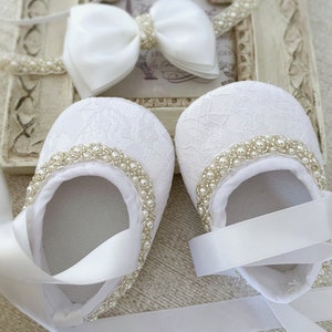 Baby Christening Shoes in PURE WHITE Baby Baptism Shoes with Pearls and Rhinestones, Satin Bow Headband with Pearls, Baby Shower Gift image 2