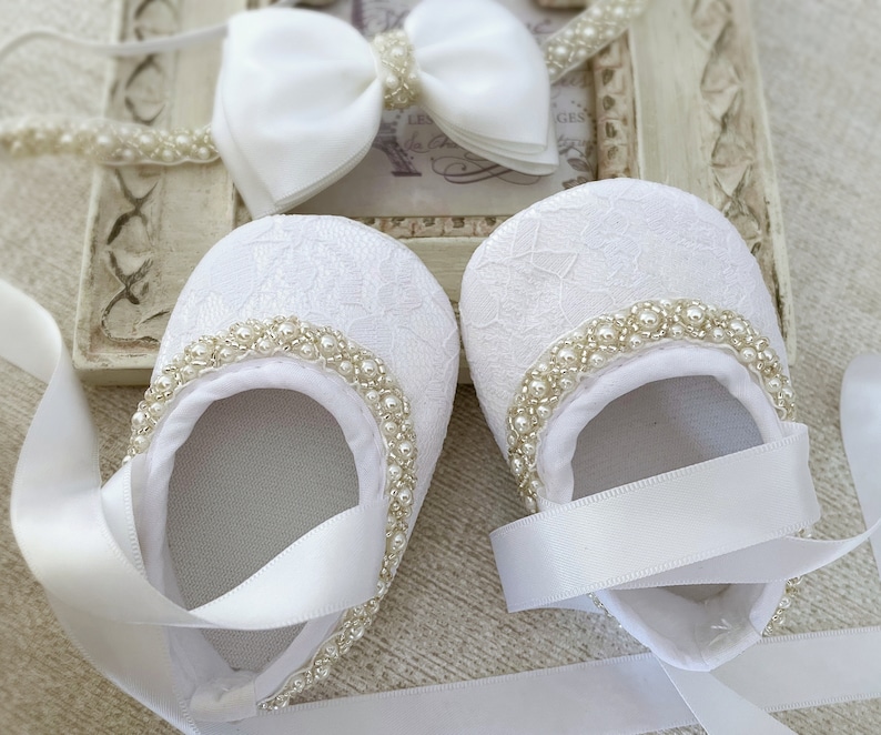 Baby Christening Shoes in PURE WHITE Baby Baptism Shoes with Pearls and Rhinestones, Satin Bow Headband with Pearls, Baby Shower Gift image 2
