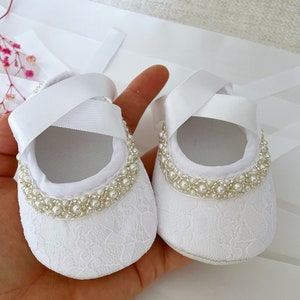 Baby Christening Shoes in PURE WHITE Baby Baptism Shoes with Pearls and Rhinestones, Satin Bow Headband with Pearls, Baby Shower Gift image 4