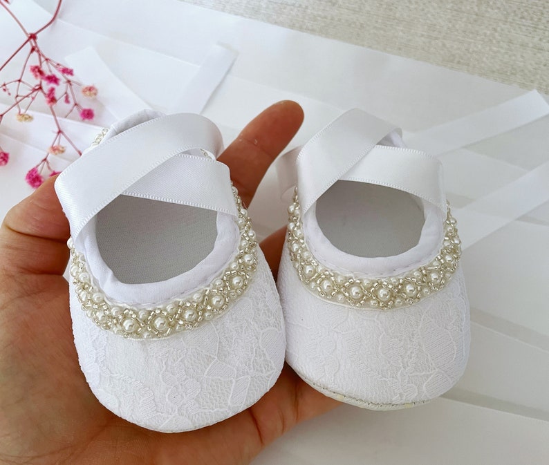 Baby Christening Shoes in PURE WHITE Baby Baptism Shoes with Pearls and Rhinestones, Satin Bow Headband with Pearls, Baby Shower Gift image 4