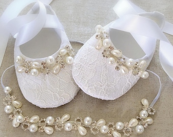 Girl White Christening Baptism Rhinestones Pearls Shoes Rhinestones Headband Set