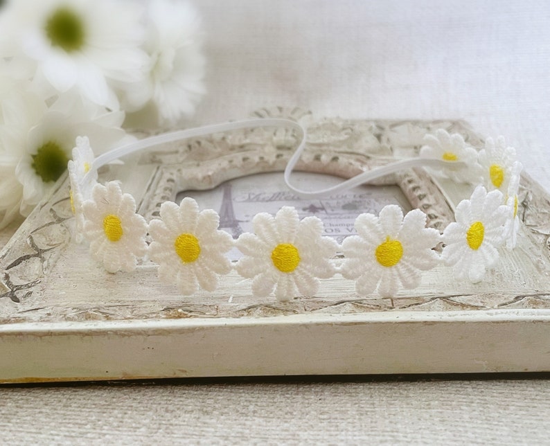 Baby Daisy Flower Headband, Baptism Headband with Flowers, Baby Christening Headband, Crochet Daisy Flowers, Summer Headband, Flower Girl image 2