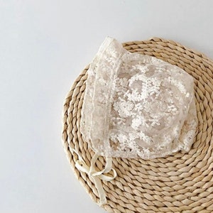 Lace Baby Bonnet in Off White, Baby Hat, Photo Props Flower Summer Baby Accessories Girl Sun Hat Breathable Cotton Infant Bonnet, Caps image 5