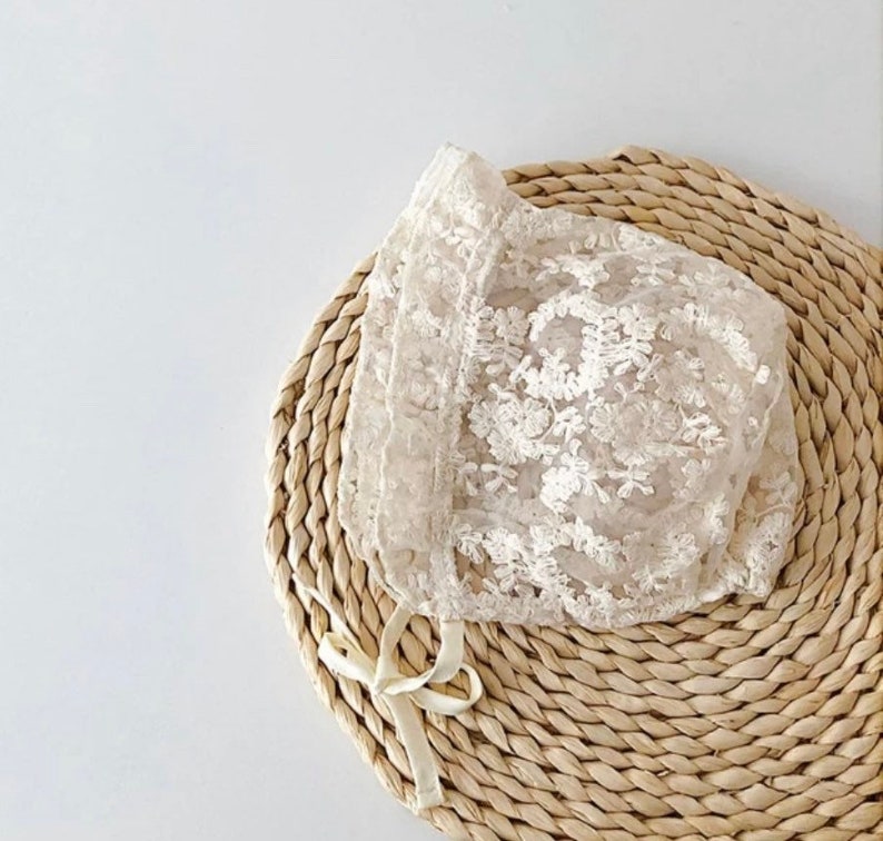 Lace Baby Bonnet in Off White, Baby Hat, Photo Props Flower Summer Baby Accessories Girl Sun Hat Breathable Cotton Infant Bonnet, Caps image 5