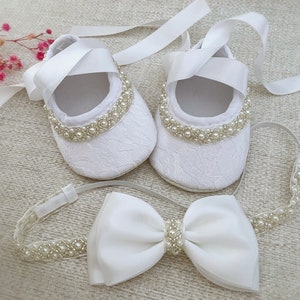 Baby Christening Shoes in PURE WHITE Baby Baptism Shoes with Pearls and Rhinestones, Satin Bow Headband with Pearls, Baby Shower Gift image 3