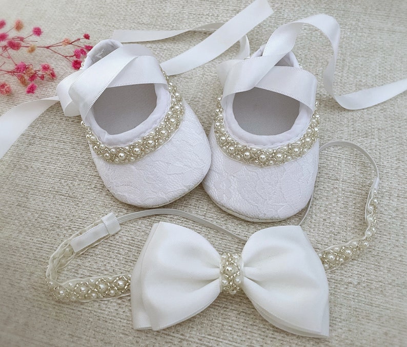 Baby Christening Shoes in PURE WHITE Baby Baptism Shoes with Pearls and Rhinestones, Satin Bow Headband with Pearls, Baby Shower Gift image 3