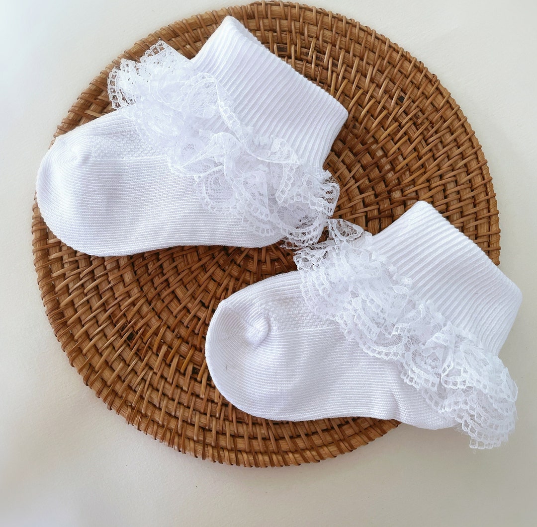 Girl Christening Socks in WHITE, Ruffle Socks, Baptism Socks, Ankle