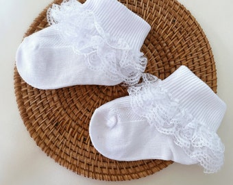 Girl Christening Socks in WHITE, Ruffle Socks, Baptism Socks, Ankle Socks, Newborn Socks