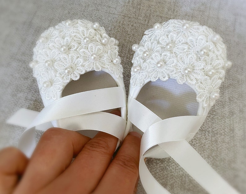 Baby Girl Off WhiteChristening Shoes, Bridal White Baptism Shoes, Lace Shoes with Daisy Flowers, Pearls and Rhinestones, Baby Shower Gift image 3