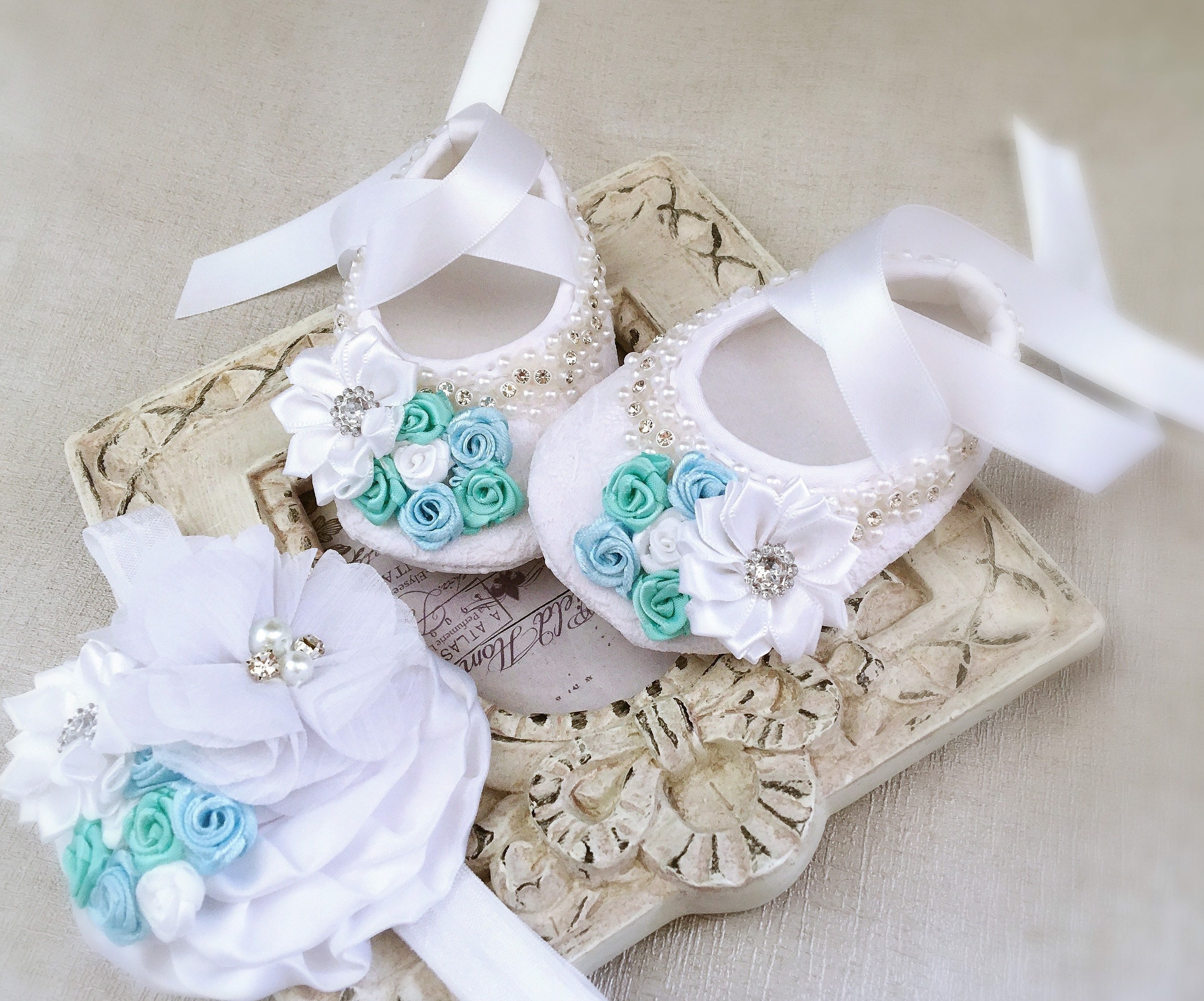 Girl White Christening Shoes Baptism Shoes with Blue Satin Etsy