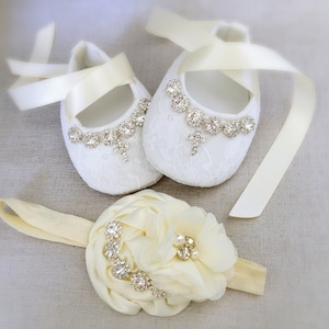 Girl Christening Shoes Baptism Shoes with Rhinestone Cross in Ivory, Satin Ivory Folded Flower Rhinestone Headband, Baptism Set, Baby Gift