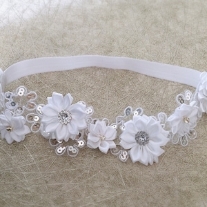 White Baptism Headband with Sequins, Satin Flowers and Zircons, Christening Headband, White Baby Headband