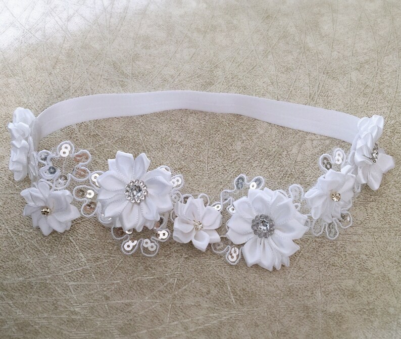 White Baptism Headband With Sequins Satin Flowers and Etsy UK