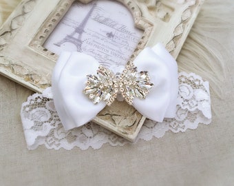 White Baptism Headband, White Christening Hairband, White Satin Bow Headband with Rhinestones and Lace Elastic, Baby Shower Gift