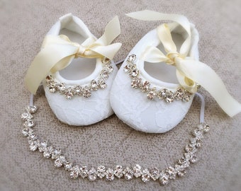 Ivory Baptism Shoes, Ivory Christening Shoes, Baby Shoes and Headband with Rhinestones, Baby Shower Gift, Baptism Set, Flower Girl Shoes