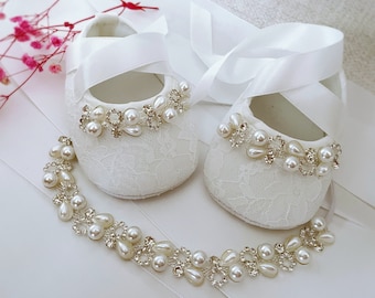 Baptism Shoes In Off White, Christening Shoes with Pearls and Rhinestones, Baby Tiara Headband, Baptism Set, Baby Shower Gift, Newborn Gift