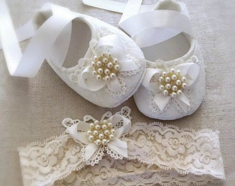 Girl Off White Bridal Christening Baptism Shoes Chiffon Flowers Rhinestones Headband Set