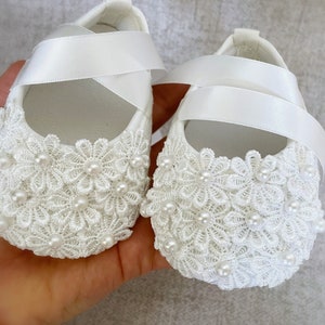 Baby Girl Off WhiteChristening Shoes, Bridal White Baptism Shoes, Lace Shoes with Daisy Flowers, Pearls and Rhinestones, Baby Shower Gift image 4