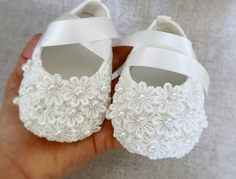 Baby Girl Off WhiteChristening Shoes, Bridal White Baptism Shoes, Lace Shoes with Daisy Flowers, Pearls and Rhinestones, Baby Shower Gift image 4