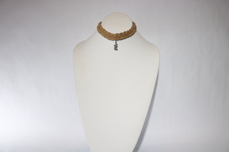 Synthetic Suede Braided Tan Choker with Silver Color Cactus Charm