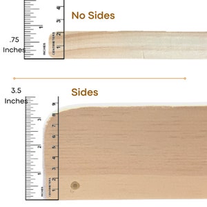 The top shows a ramp without sides, and it is a view from the side.  The depth of the ramp is .75 inches thick.  The bottom shows a ramp with sides that are 3.5 inches high.  Both ramps are natural in color and are finely sanded