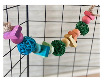 15" Small Pet chew toy Upcycled Pine, wicker balls and Food Grade Colors, Guinea Pig, Bird, Rabbit, w/ carabiner, hamster, ferret animal