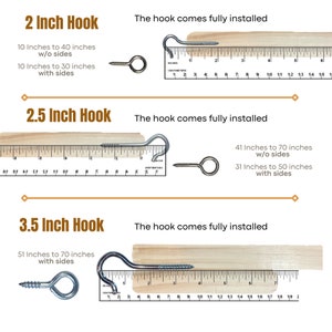 The images show the hooks used for each length of the ramp.  the top is a 2.5-inch hook; the middle image is a 3.5 inches hook.  The bottom has a hinge attached to the side of the deck.  The hardware is silver, and the hinges.