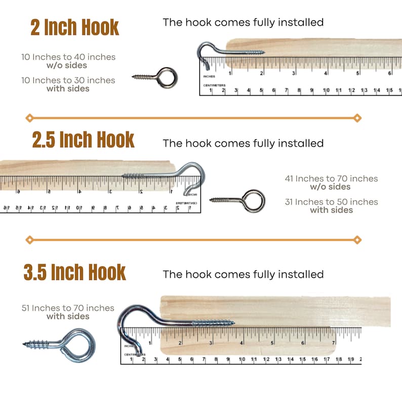 The images show the hooks used for each length of the ramp.  the top is a 2.5-inch hook; the middle image is a 3.5 inches hook.  The bottom has a hinge attached to the side of the deck.  The hardware is silver, and the hinges.