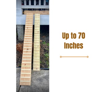 There are two ramps one is 7.5 and the other is 5.5.  They stretch from a concrete slab and are 50 and 60 inches long they are photographed outdoor and are designed for the outdoors they have galvanized hardware that with stand the rugged weather