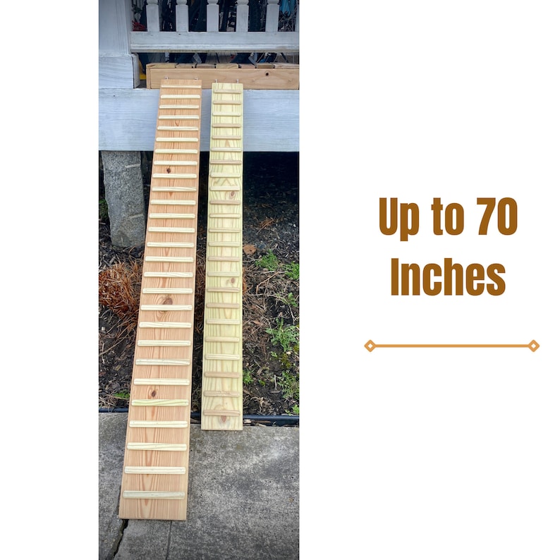 There are two ramps one is 7.5 and the other is 5.5.  They stretch from a concrete slab and are 50 and 60 inches long they are photographed outdoor and are designed for the outdoors they have galvanized hardware that with stand the rugged weather