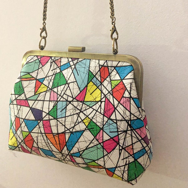 Joli sac à bandoulière, imprimé en faux cuir de type Picasso, fermoir à cadre métallique multicolore fait à la main embrayage-crossbody-sac à main