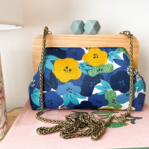 Beautiful flowered wooden frame purse with big blue balls, multicolored bag, handmade crossbody purse for women