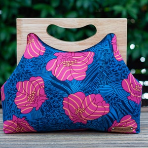 Pink and blue flowers wooden frame clutch, nice oversized wooden clutch, Cool African print bag. Everyday use.