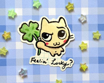Kawaii Cat “Feelin’ Lucky” Four Leaf Clover Sticker