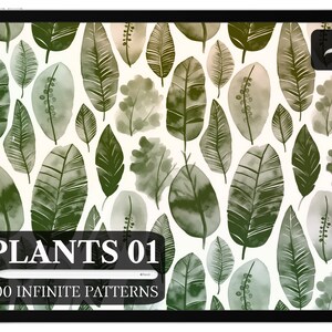 May include: A digital illustration of a seamless pattern featuring watercolor green leaves on a white background. The text "PLANTS 01" and "100 INFINITE PATTERNS" is displayed at the bottom of the image.