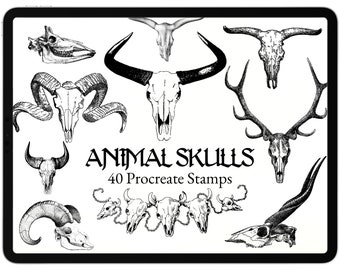 May include: A set of 40 black and white animal skull illustrations for Procreate. The illustrations include a variety of animals, such as deer, ram, bull, and more.