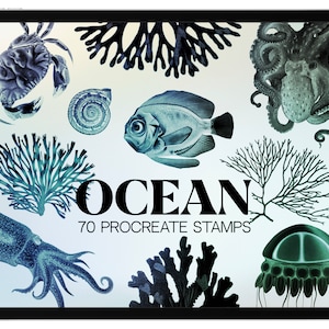 70 Ocean Procreate Stamp Brushes / Sea Nautical Plants Coral Seaweed Nature Graphic Design Illustration