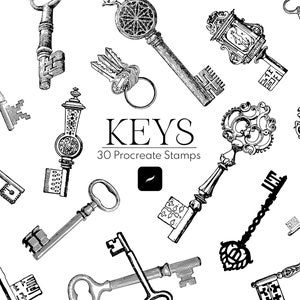 30 Key Procreate Stamp Brushes, Gothic Keys (Digital Download) image 1
