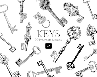 30 Key Procreate Stamp Brushes, Gothic Keys (Digital Download)