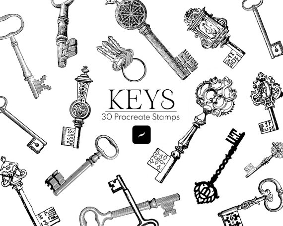 30 Key Procreate Stamp Brushes, Gothic Keys (Digital Download)