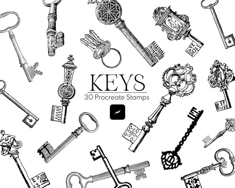 30 Key Procreate Stamp Brushes, Gothic Keys (Digital Download) image 1