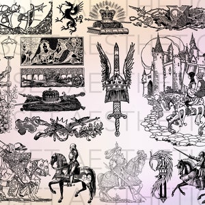 90 MEDIEVAL Procreate Stamp Brushes / Medieval Castles Knights Royalty Crowns Military Fantasy Armor Horses Jousting Weapons Fairytale image 5