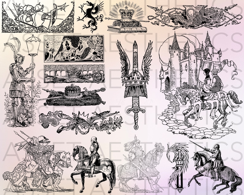 90 MEDIEVAL Procreate Stamp Brushes / Medieval Castles Knights Royalty Crowns Military Fantasy Armor Horses Jousting Weapons Fairytale image 5