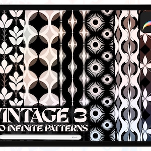 May include: A digital tablet screen displaying a collection of 140 black and white vintage style seamless patterns. The text "Vintage 3 140 Infinite Patterns" is displayed on the screen.