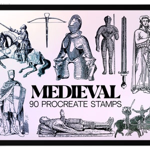 90 MEDIEVAL Procreate Stamp Brushes / Medieval Castles Knights Royalty Crowns Military Fantasy Armor Horses Jousting Weapons Fairytale