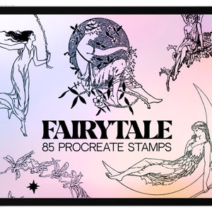 Könnte beinhalten: Ein Set mit 85 digitalen Stempeln mit Illustrationen zum Thema Feen in Schwarzweiß. Die Stempel sind für die Verwendung mit der Procreate-App konzipiert. Das Bild zeigt eine Vielzahl von Feen, darunter eine Fee, die an einer Kette schwingt, eine Fee, die auf einem Halbmond sitzt, und eine Fee, die auf einem Ast sitzt.