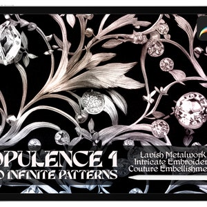 May include: A digital illustration of a black and white pattern featuring intricate metalwork, embroidery, and embellishments. The text "OPULENCE 1 70 INFINITE PATTERNS" is at the bottom of the image.  Lavish Metalwork Intricate Embroidery Couture Embellishments