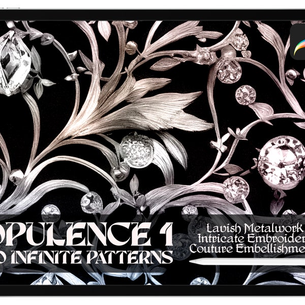 70 Infinite Pattern Procreate Brushes OPULENCE 1 / Jewelry, Fashion Illustration, Couture, Antique, Fabric Trim, Embroidery, Pearls, Gems