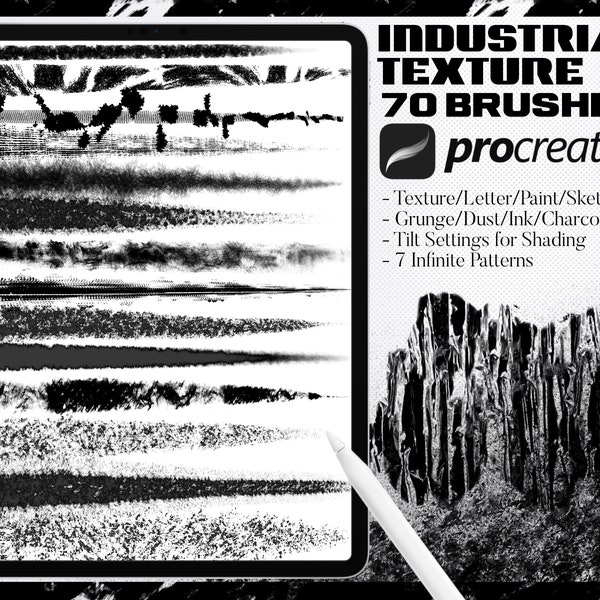 70 Procreate Pinsel / Industrial Grunge Brush Pack / Digital, Kunst, Design, Malerei, Zeichnung, Textur, Beschriftung, Skizze, Gothic, Schmutz, Staub, Tinte, Bleistift